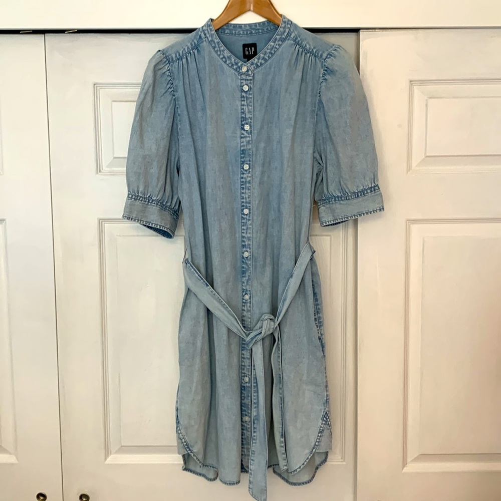 GAP Chambray Puff Sleeve Shirt Dress Large TALL